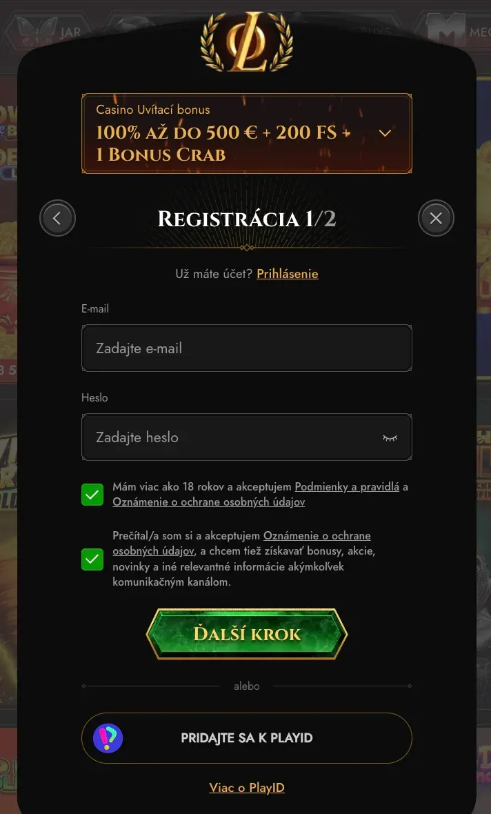 Registračný formulár v Legiano